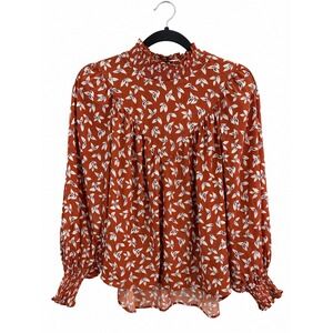 KappAhl Rust Brown Floral Leaf Smocked High Neck Blouse Size M Boho Keyhole